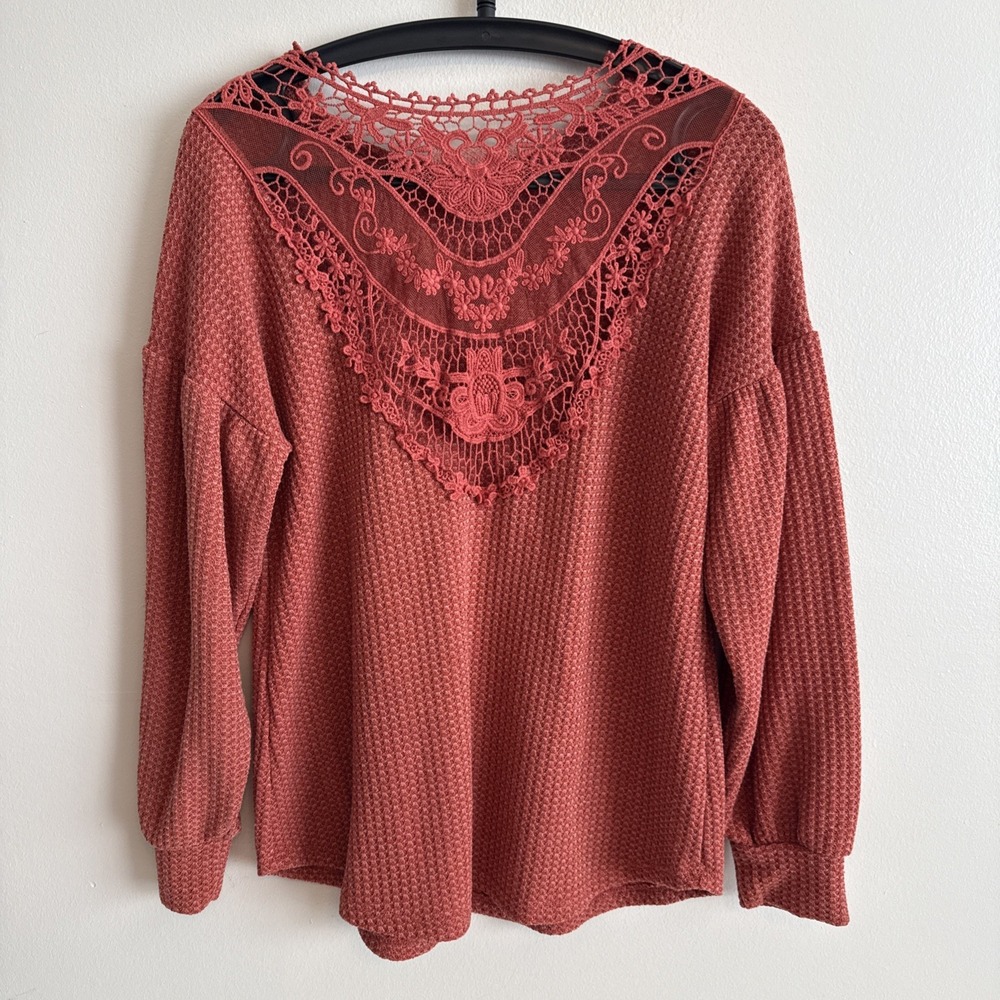 7TH RAY Womens Long Sleeve Top S Waffle Knit Lace Panel Dainty Feminine Casual